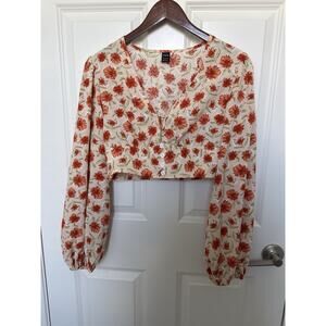 Shein V-Neck Lightweight Balloon Sleeve Cropped Floral Pattern Blouse Sz S